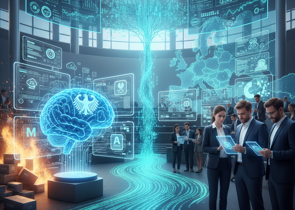 Futuristisches Bild, in dem ein Gehirn mit dem Bundestagslogo auf einer Plattform schwebt und Menschen mit durchsichtigen Tablets daneben stehen und in ihre Tablet schauen.