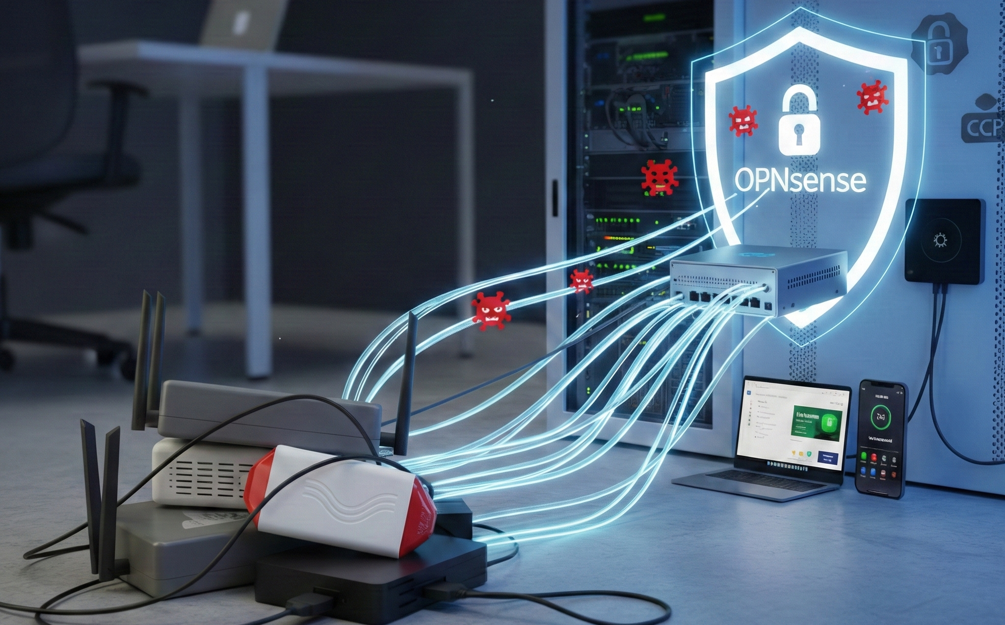 Bild eines OPNSense Routers der mit anderen Routern verbunden ist.