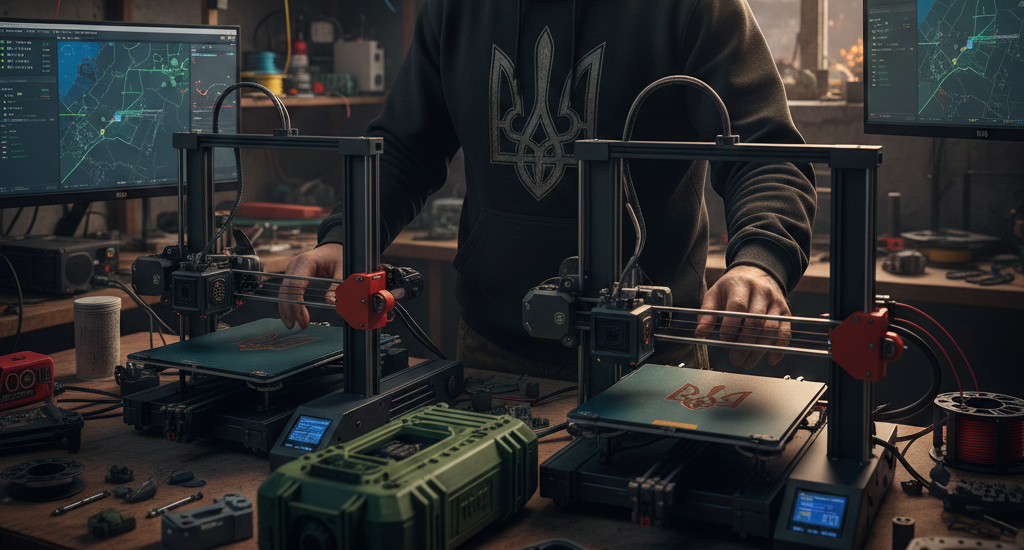 Zwei 3D Drucker mit Ukaine Symbolen.