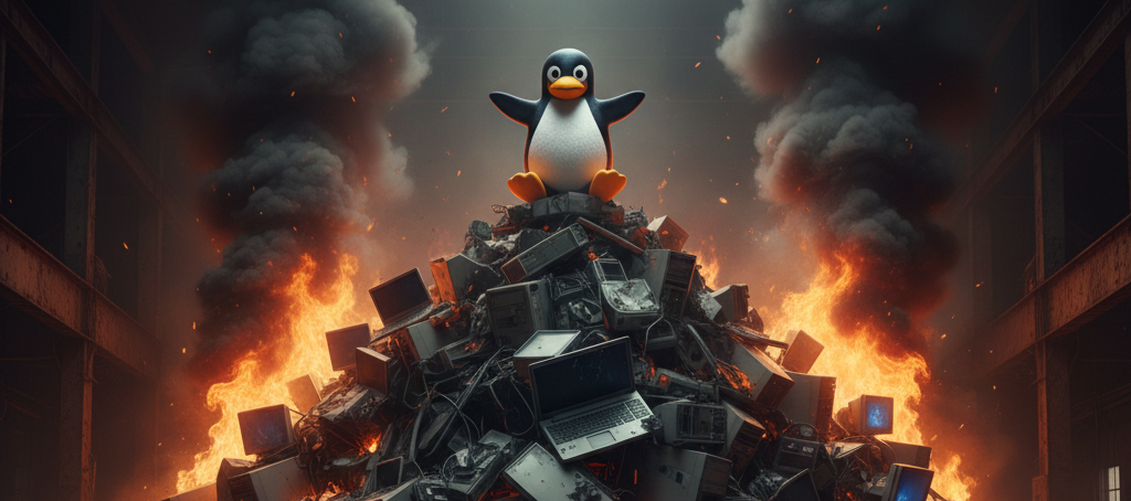 Tux der Linuxpinguin sitzt triumphierend auf einem Berg an brennenden PCs und Laptops