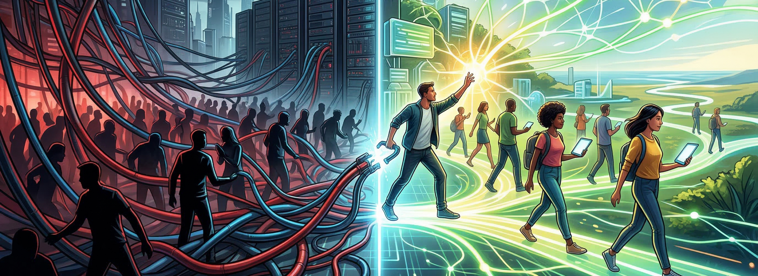 Geteilte Illustration, die einen technologischen Kontrast zeigt. Links: Eine dunkle, kabelüberwucherte industrielle Stadt mit gefangenen Menschensilhouetten in roten Kabeln. Rechts: Eine helle, grüne Natur- und Stadtlandschaft mit einem organischen, leuchtenden digitalen Netzwerk, in dem Menschen frei gehen und Tablets nutzen. Ein Mann in der Mitte streckt seine Hand von der dunklen zur hellen Seite aus.