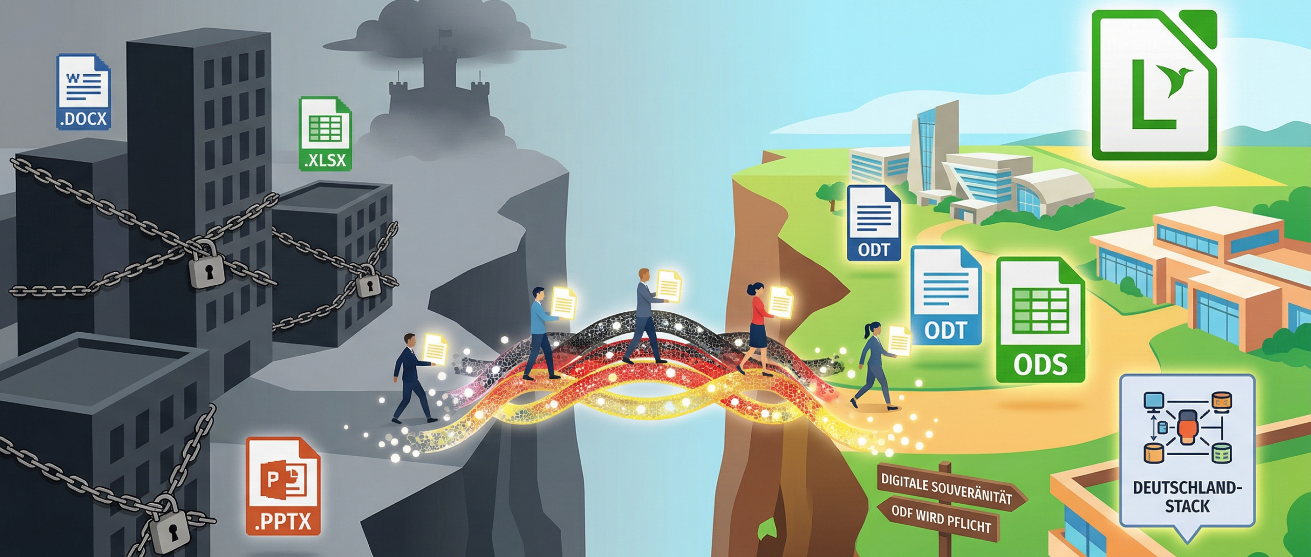 Symbolische Illustration zur digitalen Souveränität: Menschen überqueren eine Brücke in Deutschlandfarben von einer düsteren, angeketteten Software-Welt (Proprietäre Formate) hin zu einer hellen, offenen digitalen Zukunft mit freien Standards wie ODF und LibreOffice.