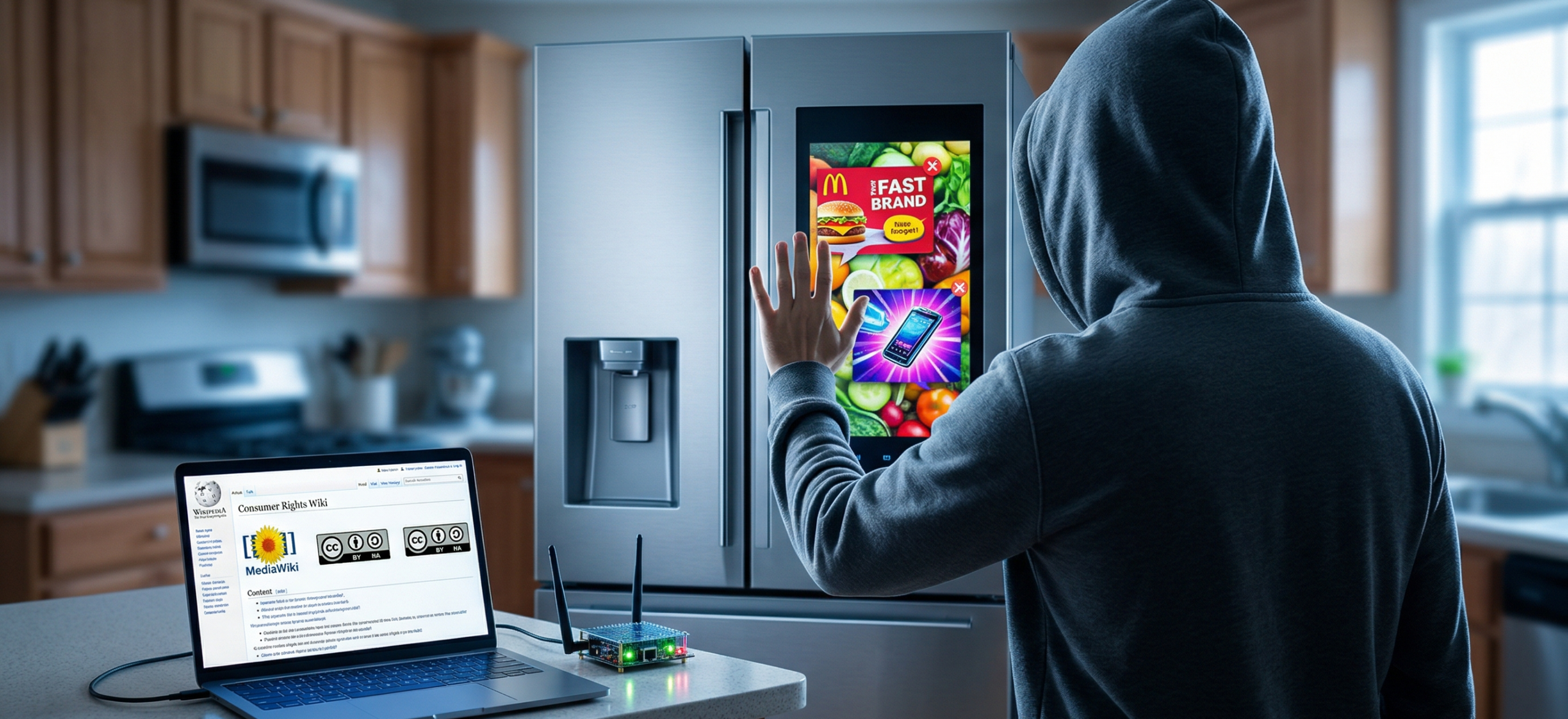 Ein Mann im Kapuzenpullover steht in einer modernen Küche vor einem Smart-Kühlschrank, auf dessen großem Display bunte Werbeanzeigen eingeblendet werden. Im Vordergrund steht ein Laptop mit einer Wiki-Webseite neben einem kleinen Netzwerk-Router, was den Kontrast zwischen invasiver Werbung und digitaler Selbstbestimmung verdeutlicht.