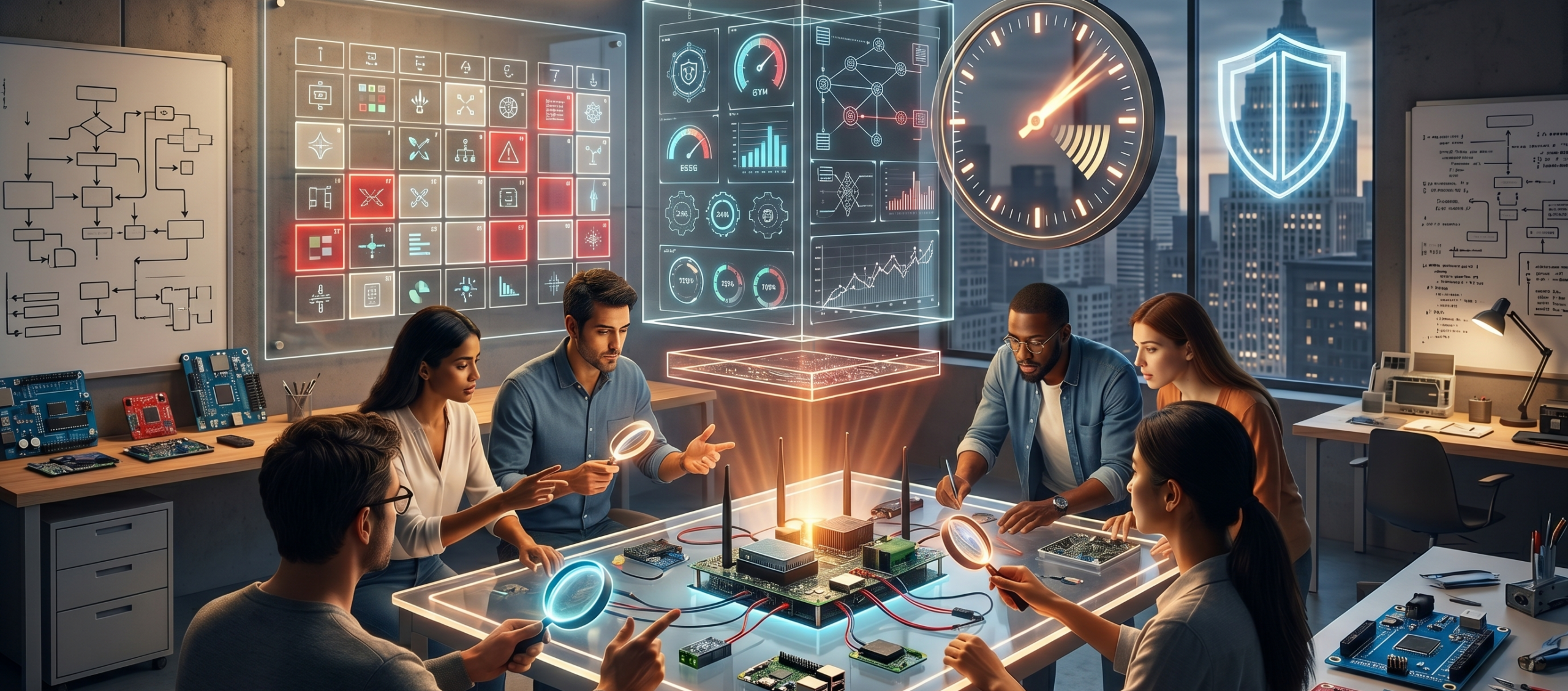Ein diverses Entwicklerteam arbeitet fokussiert an vernetzten Systemen, umgeben von leuchtenden Cybersicherheits-Hologrammen, einem Schutzschild und einer großen Countdown-Uhr