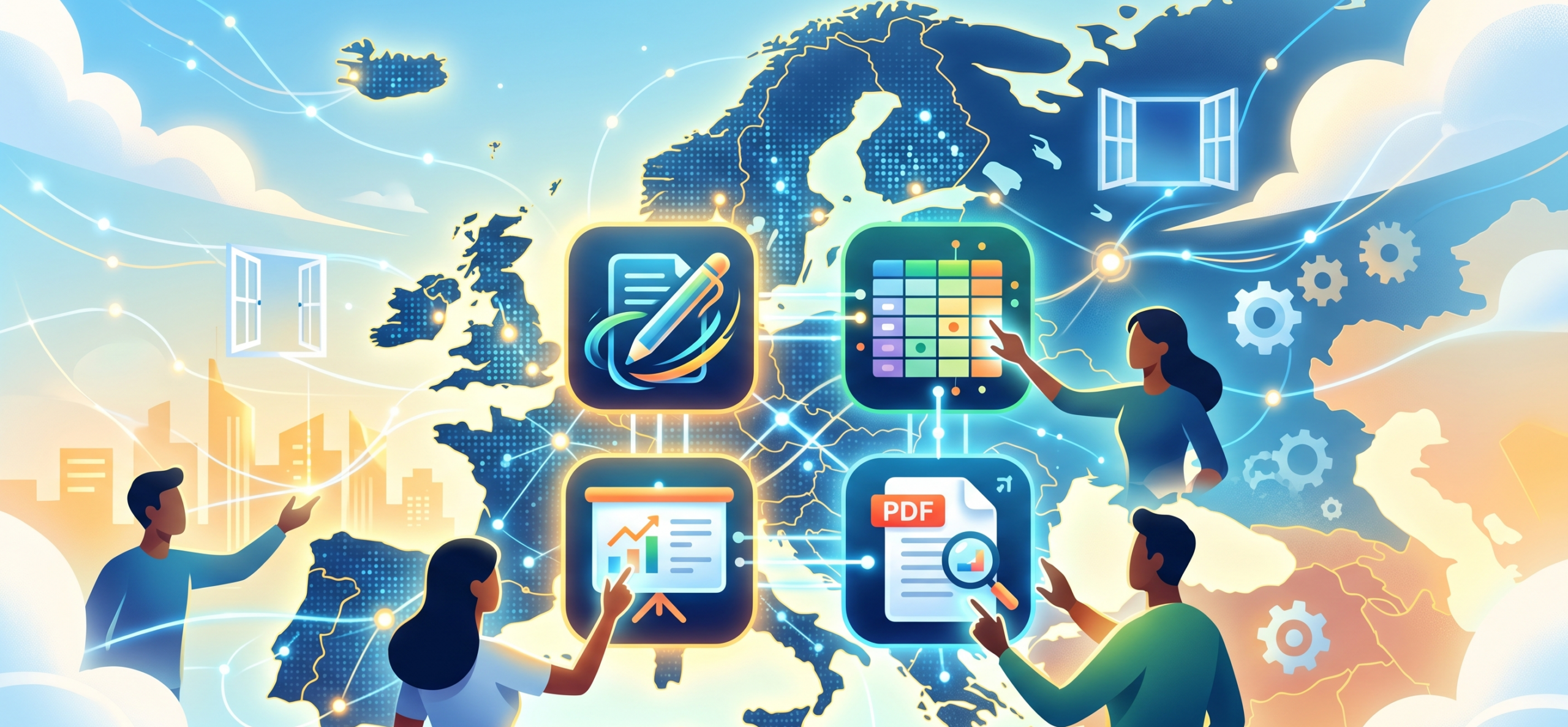 Eine moderne Illustration einer vernetzten Europakarte mit vier leuchtenden Symbolen für Office-Apps und vier zusammenarbeitenden Personen.