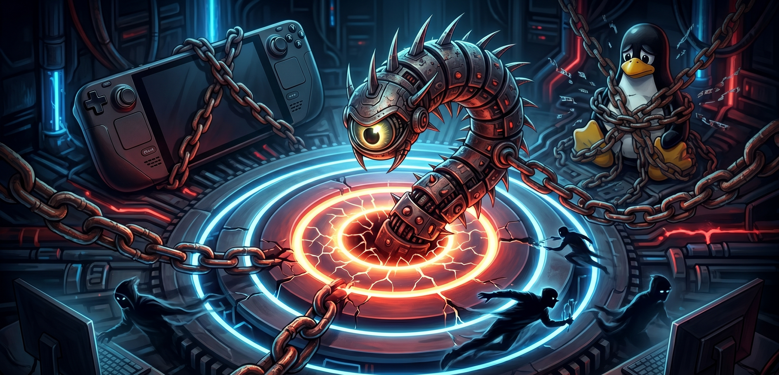 Ein mechanisches Kernel-Monster fesselt ein Steam Deck und den Linux-Tux mit Ketten, während Hacker im Hintergrund ungestört cheaten.