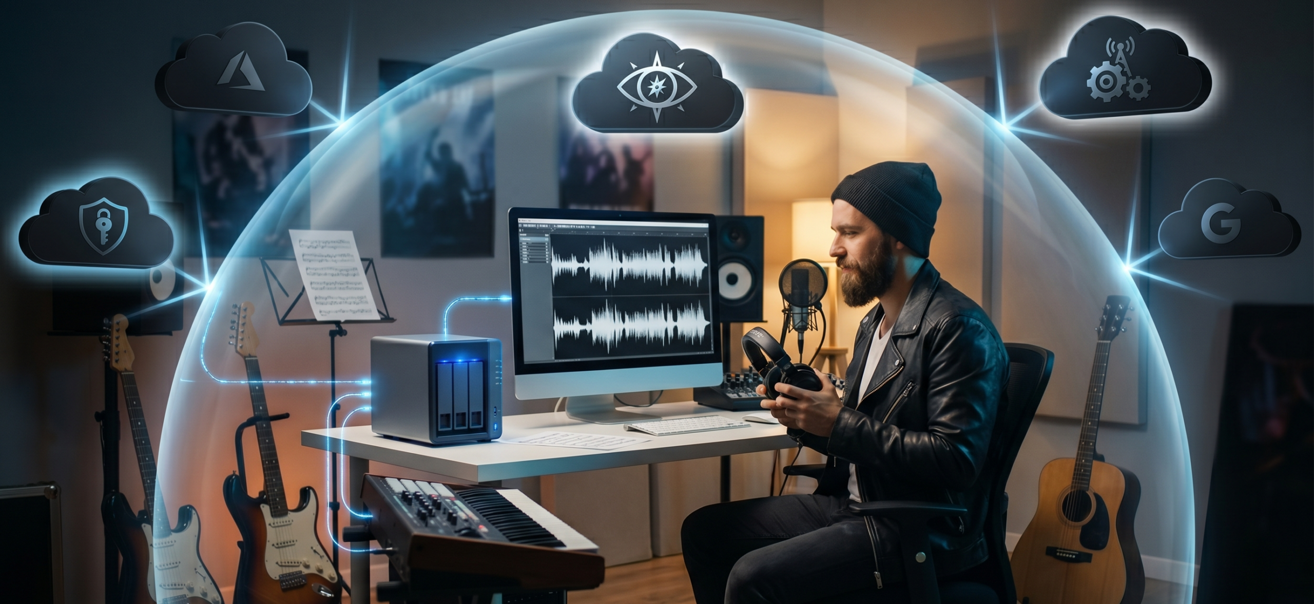 Musiker im Heimstudio mit lokalem Server, der durch eine leuchtende Schutzkuppel vor externen Cloud-Symbolen abgeschirmt wird.