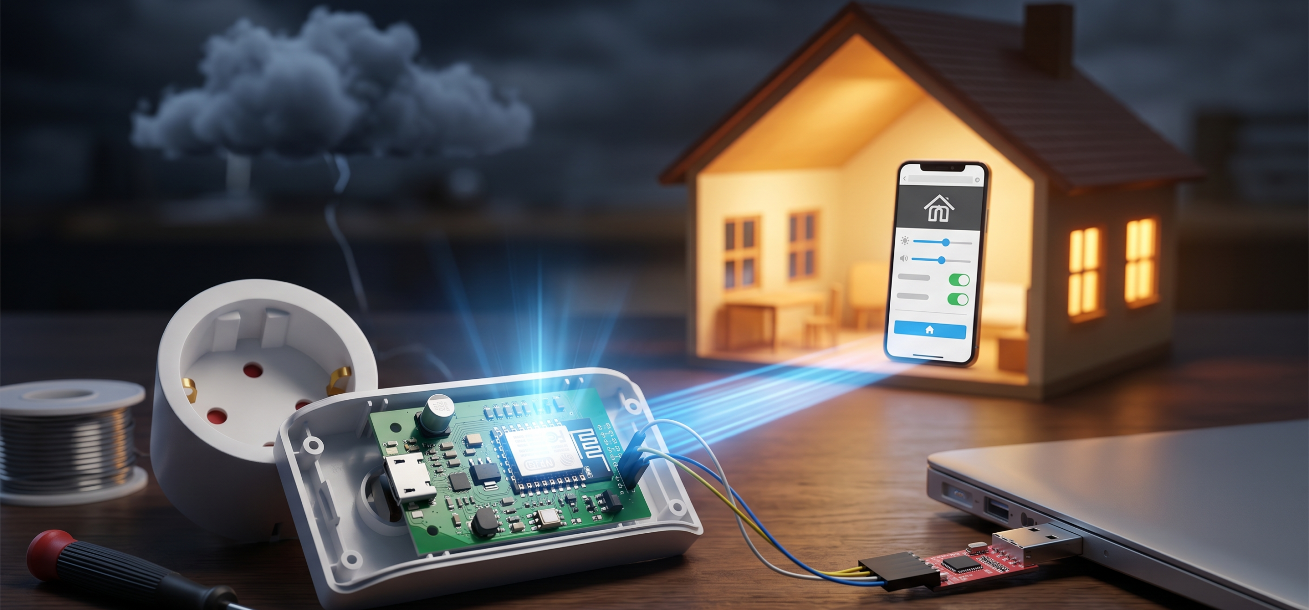 Eine geöffnete smarte Steckdose, deren Platine über Kabel an einen Laptop angeschlossen ist. Im Hintergrund symbolisieren ein leuchtendes Modellhaus und ein Smartphone das lokale Smart Home, abseits einer dunklen Cloud-Wolke.